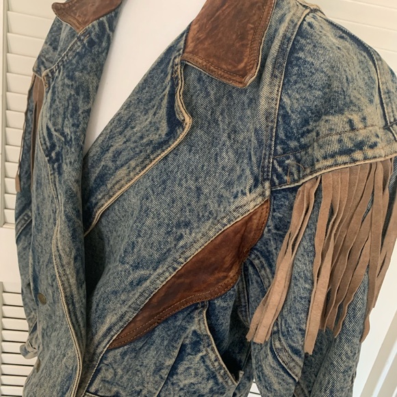 Vintage Havoc Fringe Denim Jacket Leather Trim - Picture 2 of 5